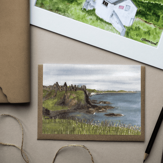 Close-up of the Dunluce Castle watercolour greeting card showing artwork detail.