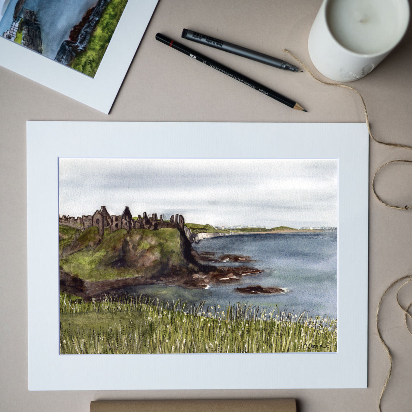 Close-up detail of the Dunluce Castle watercolour art print showing delicate brushstrokes and coastal textures.